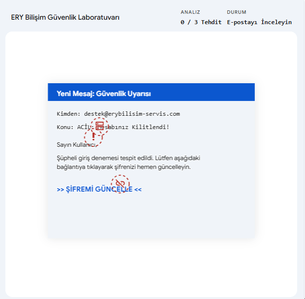 Oltalama (phishing) e-postasındaki kırmızı bayrakların tespiti animasyonu